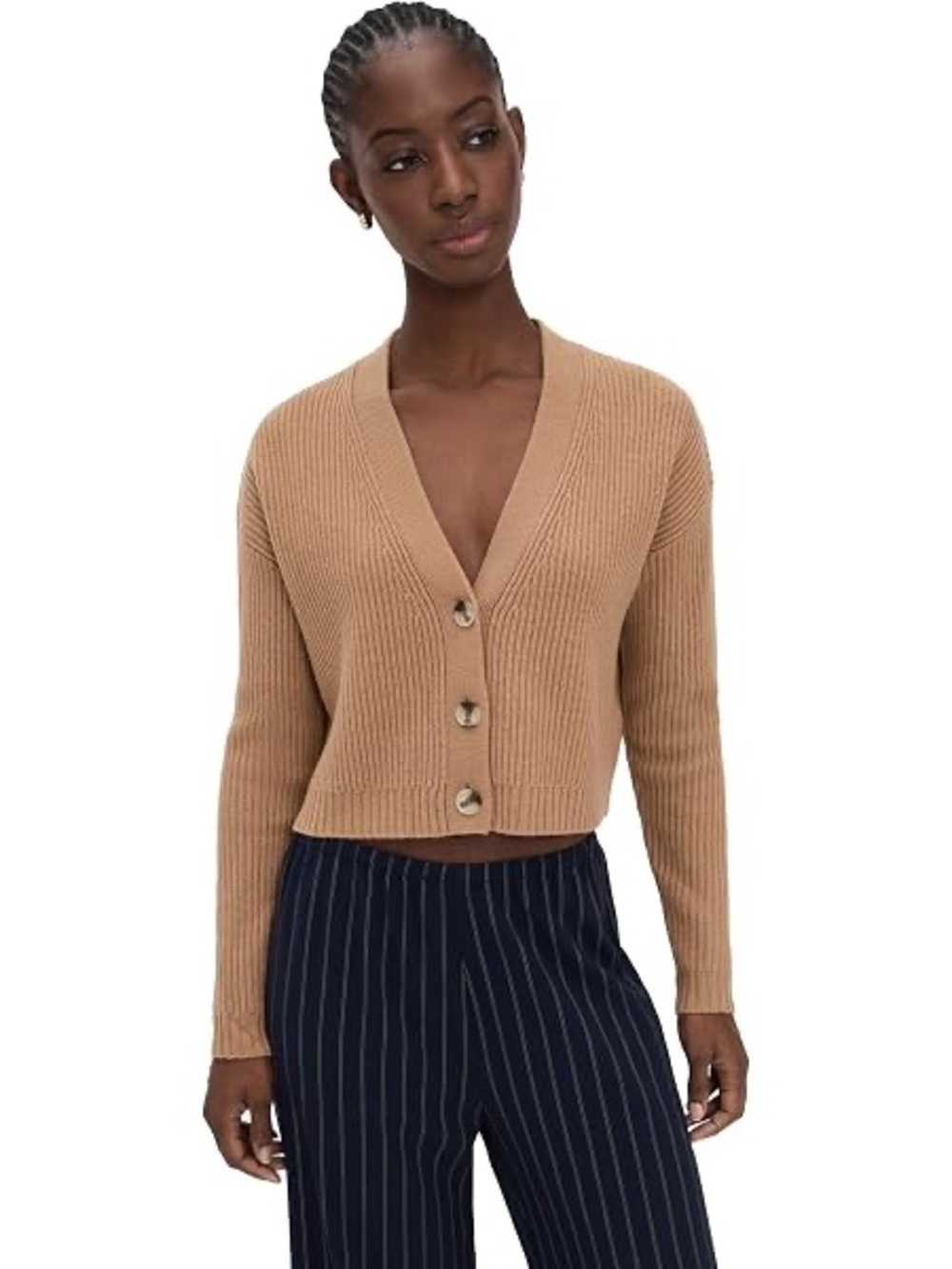 Sophie Rue Cropped Ribbed V-Neck Cardigan — Camel Brown